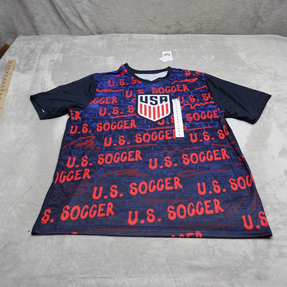 US Soccer Shirt Mens Large Blue USA Football Team V-Neck Fan Gear Jersey $25 NEW